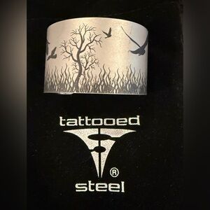 Tattooed Steel “When Doves Cry” by B.Nonomis silver tone wide cuff bracelet